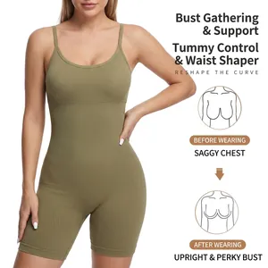 Olijfgroene geribbelde corrigerende bodysuit voor dames met buikcontrole en liftend