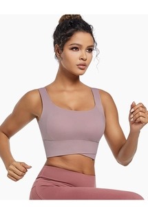 Detail of high-impact sports bra with cross-back design and lavender stretch fabric