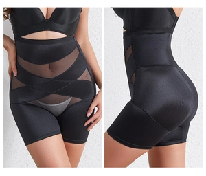 Détail d'une gaine amincissante taille haute avec empiècements en résille et gainage