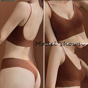 French style brown ribbed knit wireless bra and panty set with thin straps