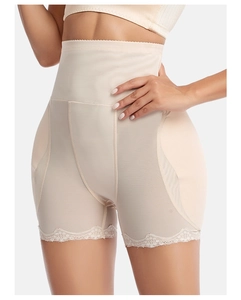 Detail of high waist shaping shorts with butt lifting pads and delicate white lace trim