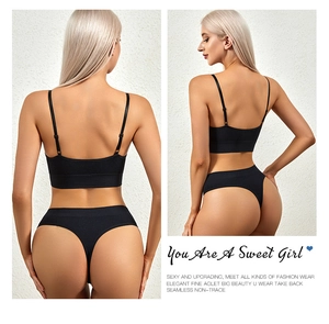 Close-up of black seamless ribbed lingerie set with U-back bra and thong details