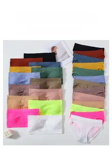 Detail view of seamless wire-free bras in a vibrant variety of colors and elastic fabric