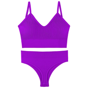 Seamless purple ribbed knit lingerie set featuring V-neck camisole and matching briefs