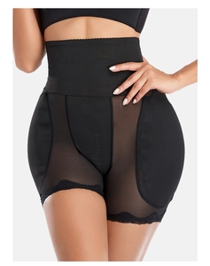 Detail of high waist shaping pants with mesh panels and delicate lace trim edges