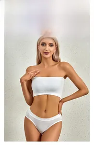 Detailed view of white ribbed wireless bandeau and matching briefs on model