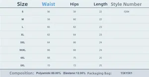 Size chart for women's safety shorts from S to 5XL with measurements and material info