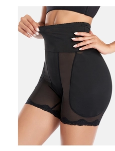 Detail of high waist body shaper featuring seamless mesh panels and lace trim edges
