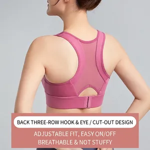 Pink wire-free sports bra with breathable mesh back and adjustable three-row buckle