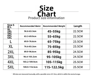 Detailed size chart for plus size safety shorts from S to 5XL with waist and weight guide