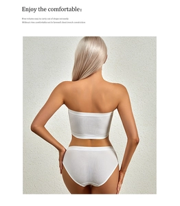 Detail view of white ribbed knit lingerie set showing back-less tube top and panties