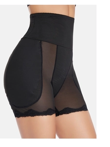 Detail of high-waisted black shapewear with breathable mesh panels and lace trim edges