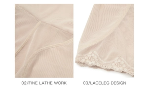 Detail of fine lathe work stitching and lace leg design on nude shaping shorts