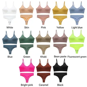 Seamless wireless bra and thong sets in thirteen assorted colors on white background
