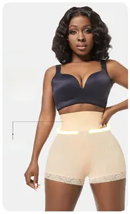 Detail of high waist shaping shorts with tummy control band and delicate lace trim