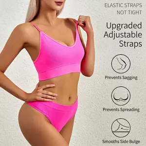 Seamless hot pink wireless bra set with adjustable thin straps and ribbed texture fabric