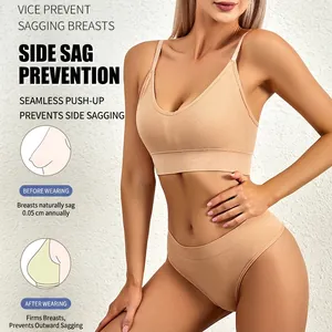 Seamless ribbed lingerie set with wireless V-neck bra and high-waist panty in skin tone