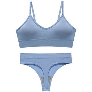 Seamless ribbed lingerie set with V-neck bralette and thong in dusty blue finish