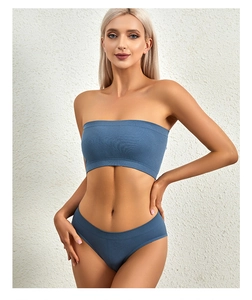 Detail of blue-grey ribbed seamless bandeau bra and matching high-stretch panty set
