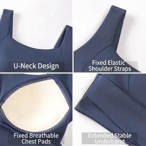 Navy blue high-impact sports bra with U-neck design and extended stable hem