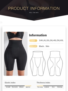 Infographic showing high-waist slimming shorts with high elasticity and size chart