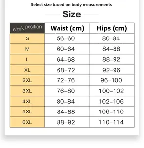 Size chart showing waist and hip measurements for high waist tummy control shapewear