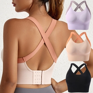 Soutien-Gorge de Sport Sans Couture pour Femmes Dos Croisé Rembourrage Amovible Anti-Choc Yoga Fitness Course Top Sans Armature