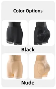 Front and back views of high waist body shaper shorts in black and nude with lace trim