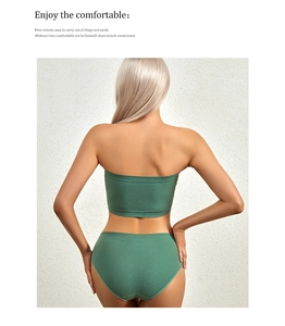 Rear view of ribbed deep green bandeau set showing elastic fabric and back details