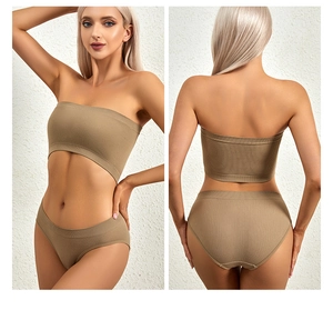 Detail of ribbed seamless tube top and matching brief set in earthy khaki tone