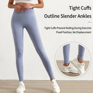Lichtblauwe yoga legging met hoge taille, naadloos ontwerp en antislip enkelmanchetten