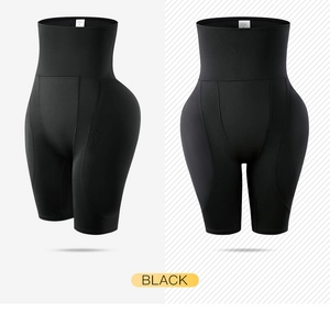 Detail view of high waist tummy control shaper pants with padded hips in black fabric