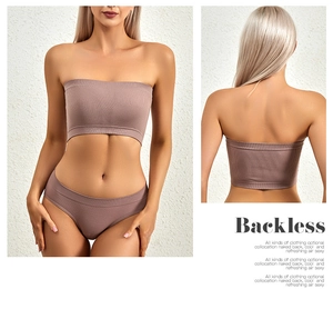 Detail of backless ribbed tube top set in dusty rose with high-elastic fabric and matching briefs