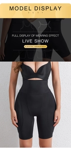 Detail showing high-waisted black shaping shorts with firm control and seamless fabric