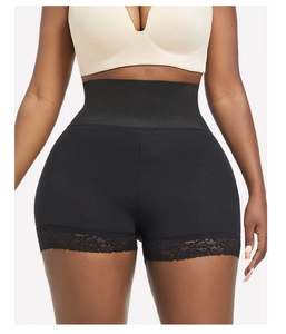 Detail of high waist shapewear with black lace trim and elastic tummy control band