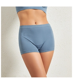 Detail view of seamless blue-grey boxer briefs for women featuring wide elastic waistband