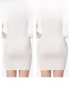 Detail showing the shaping effect of white ribbed knit fabric on body curves