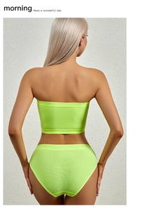 Detail view of neon green ribbed bra and high waist panties set on a back-view model