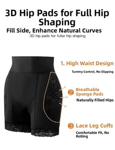 Detail view of high-waist tummy control panties with 3D padded hips and lace trim
