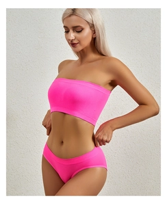 Detail showing neon pink seamless ribbed lingerie set with tube top and panty