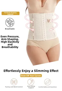 Macro view of breathable mesh fabric and adjustable steel hooks on skin-tone waist trainer
