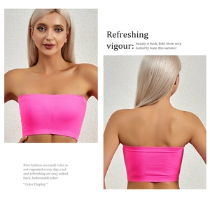 Pink ribbed knit tube bra with backless design and seamless wireless support detail