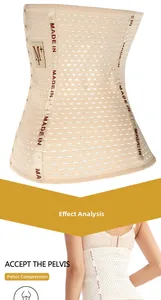 Detail of breathable nude waist cincher with elastic mesh and multi-hook closure system