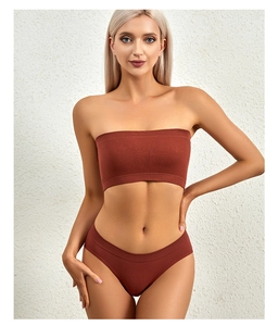 Detailed macro of brown ribbed knit seamless bra and matching panties set for women
