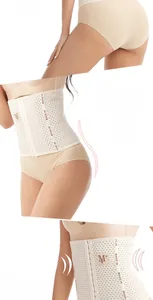 Detail of breathable mesh waist trainer with adjustable multi-row metal buckles and firm hooks