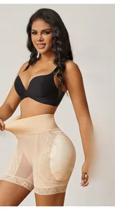 Detail of high waist body shaper with lace trim and breathable mesh fabric