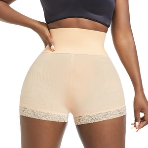 High-waisted tummy control shapewear in beige with elegant lace trim and wide elastic band