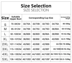 Detailed size chart for sports bra showing bust measurements and cup sizes from S to 5XL