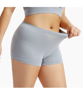 Close-up of seamless gray safety shorts showing high elasticity and soft fabric texture