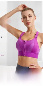 Detail view of sports bra featuring a convenient front zipper and adjustable velcro straps